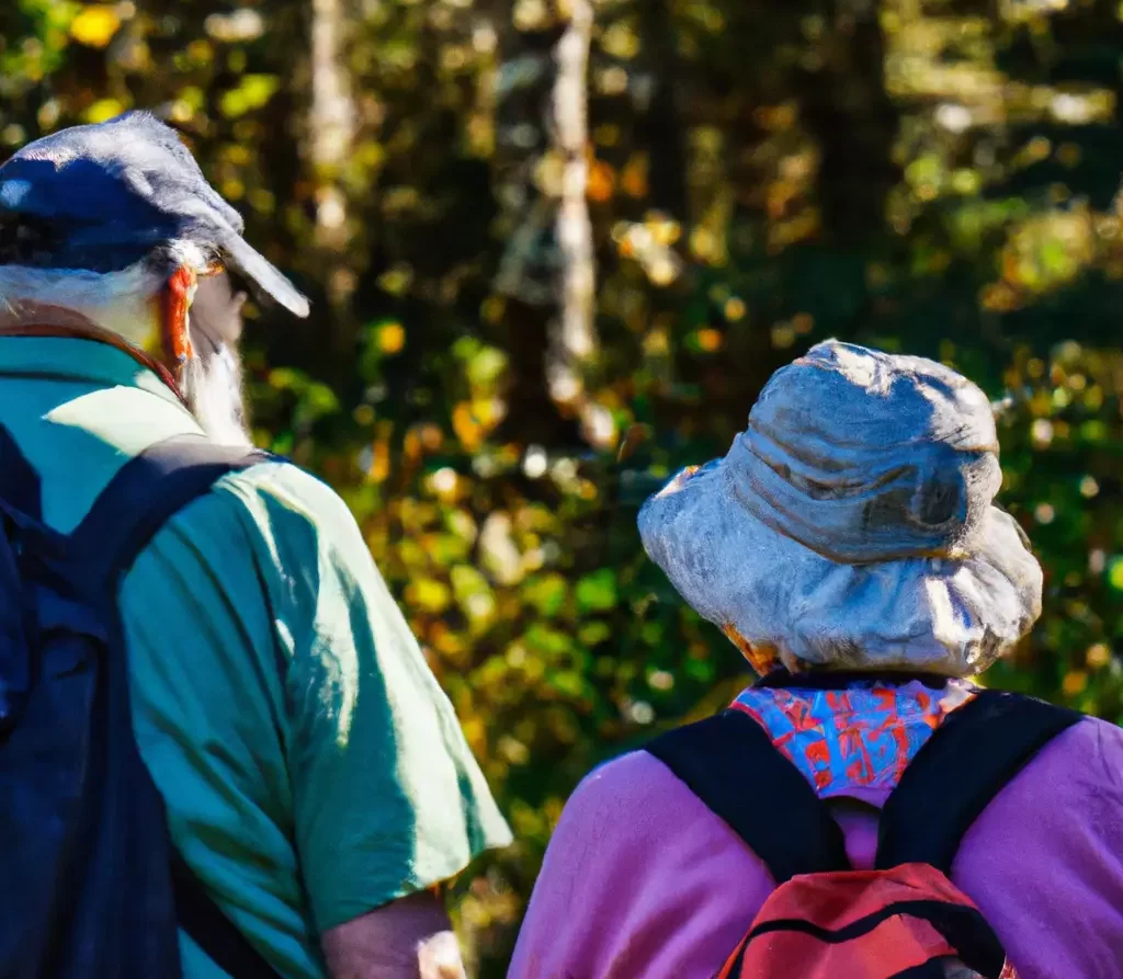 Äldre par tar en promenad i skogen